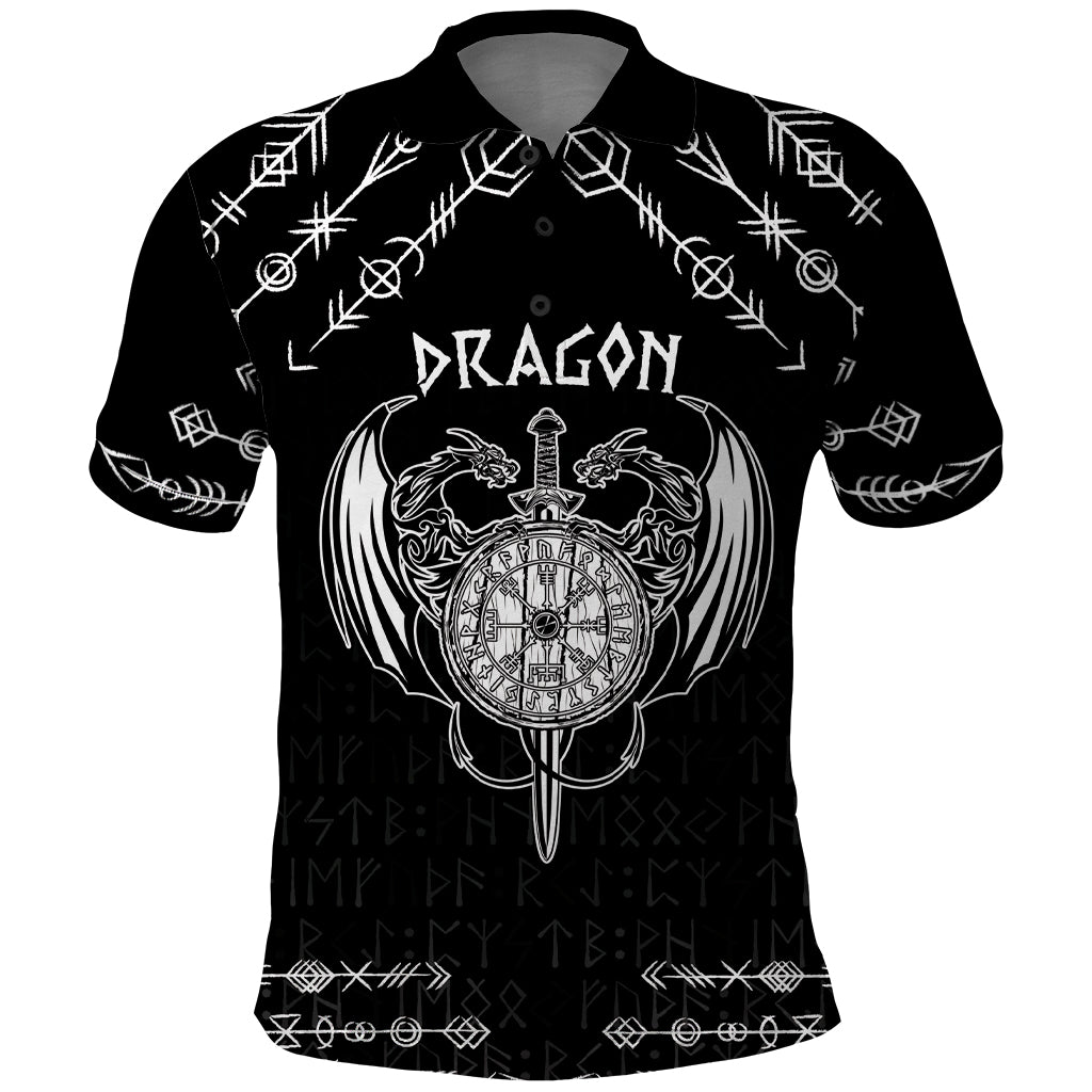 Personalized Viking Dragon Polo Shirt with Sword Black Scandinavian Tattoo