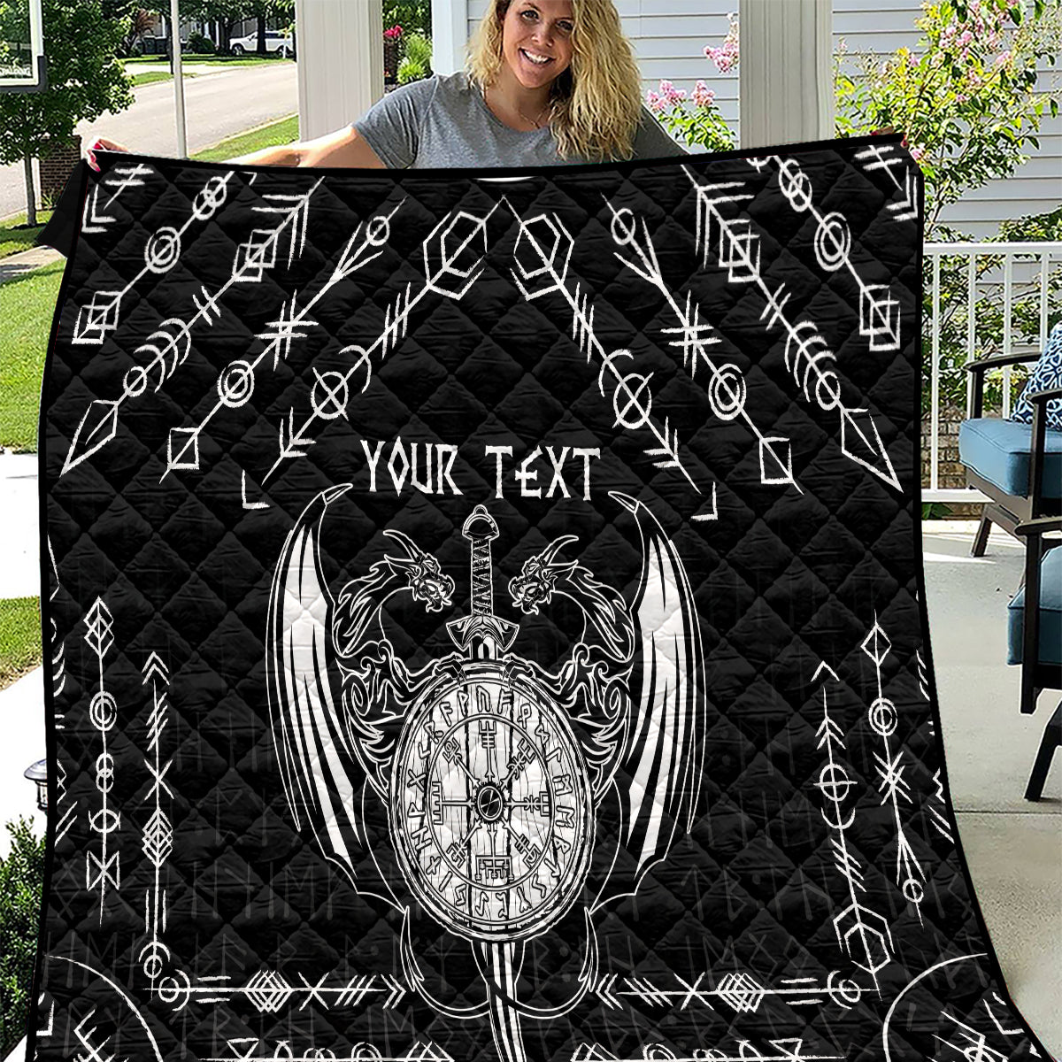 Personalized Viking Dragon Quilt with Sword Black Scandinavian Tattoo - Wonder Print Shop