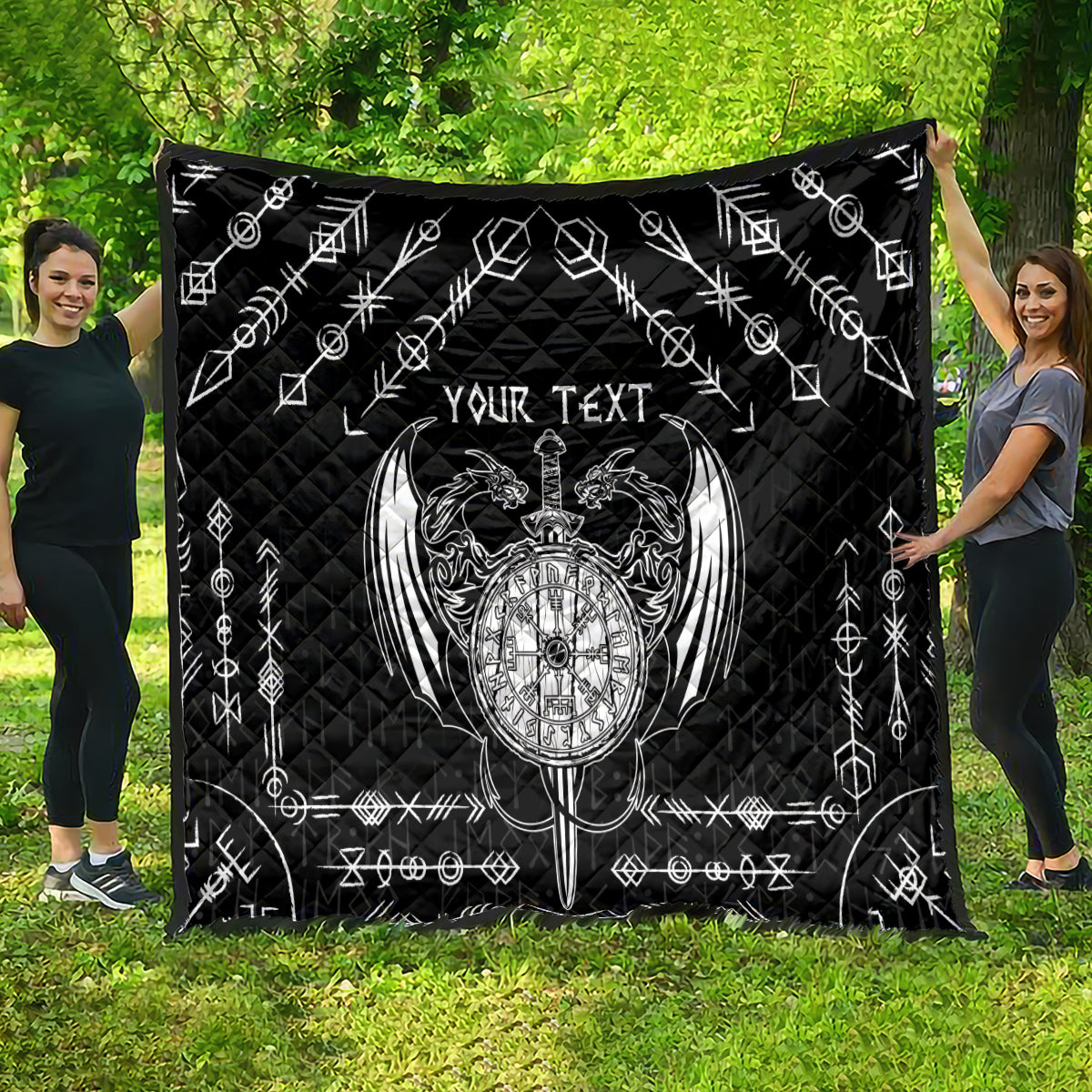 Personalized Viking Dragon Quilt with Sword Black Scandinavian Tattoo - Wonder Print Shop