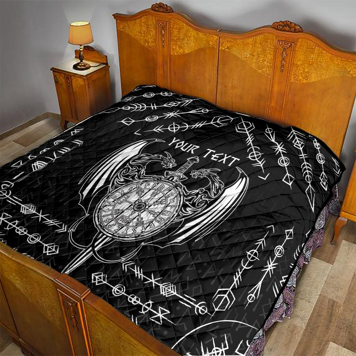 Personalized Viking Dragon Quilt with Sword Black Scandinavian Tattoo - Wonder Print Shop