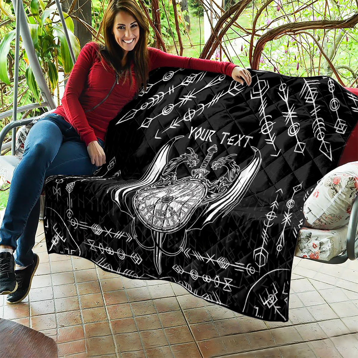 Personalized Viking Dragon Quilt with Sword Black Scandinavian Tattoo - Wonder Print Shop