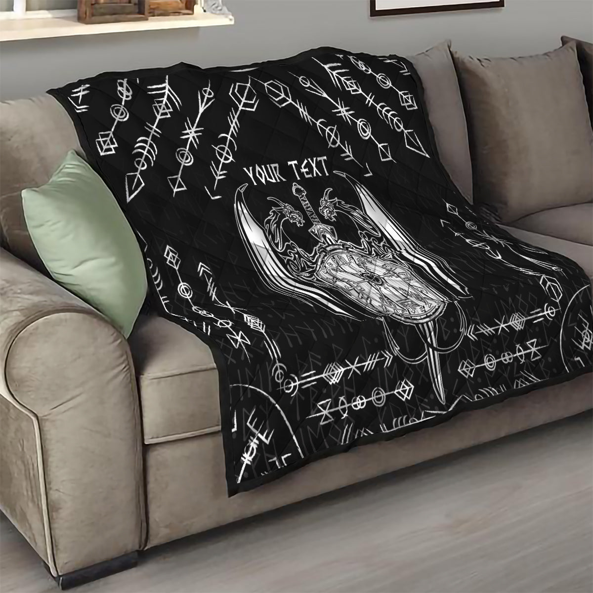 Personalized Viking Dragon Quilt with Sword Black Scandinavian Tattoo - Wonder Print Shop