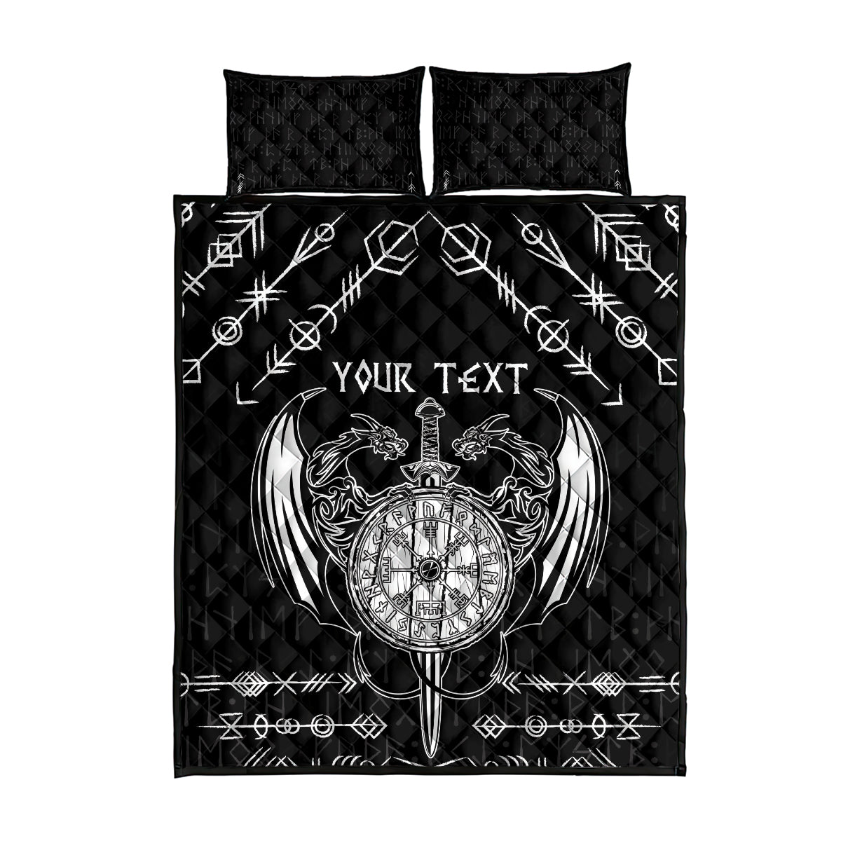Personalized Viking Dragon Quilt Bed Set with Sword Black Scandinavian Tattoo - Wonder Print Shop