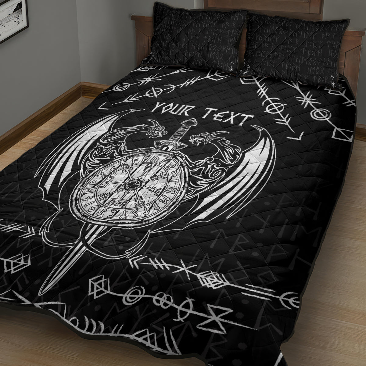 Personalized Viking Dragon Quilt Bed Set with Sword Black Scandinavian Tattoo - Wonder Print Shop