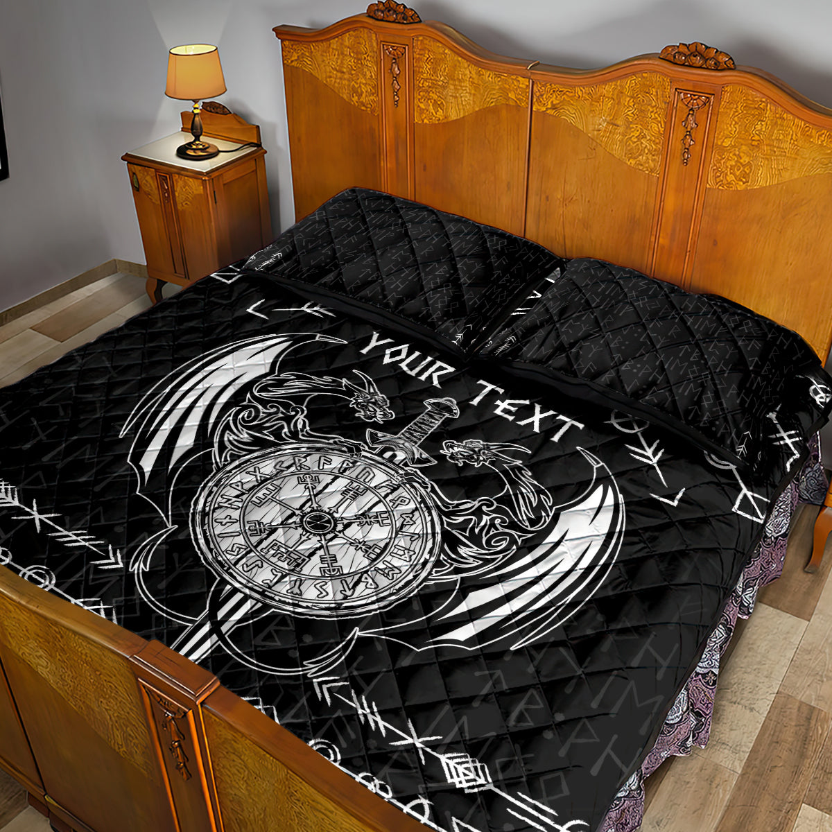 Personalized Viking Dragon Quilt Bed Set with Sword Black Scandinavian Tattoo - Wonder Print Shop