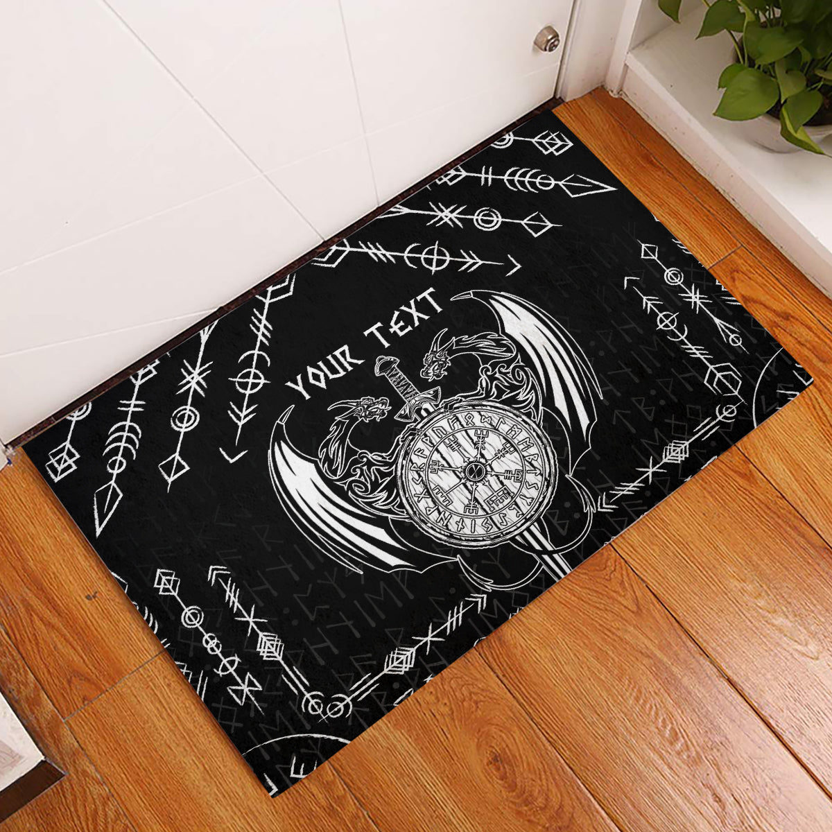 Personalized Viking Dragon Rubber Doormat with Sword Black Scandinavian Tattoo - Wonder Print Shop