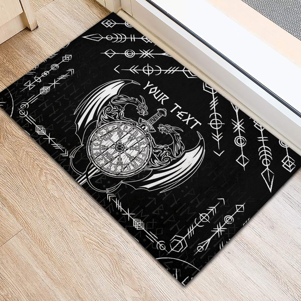 Personalized Viking Dragon Rubber Doormat with Sword Black Scandinavian Tattoo - Wonder Print Shop