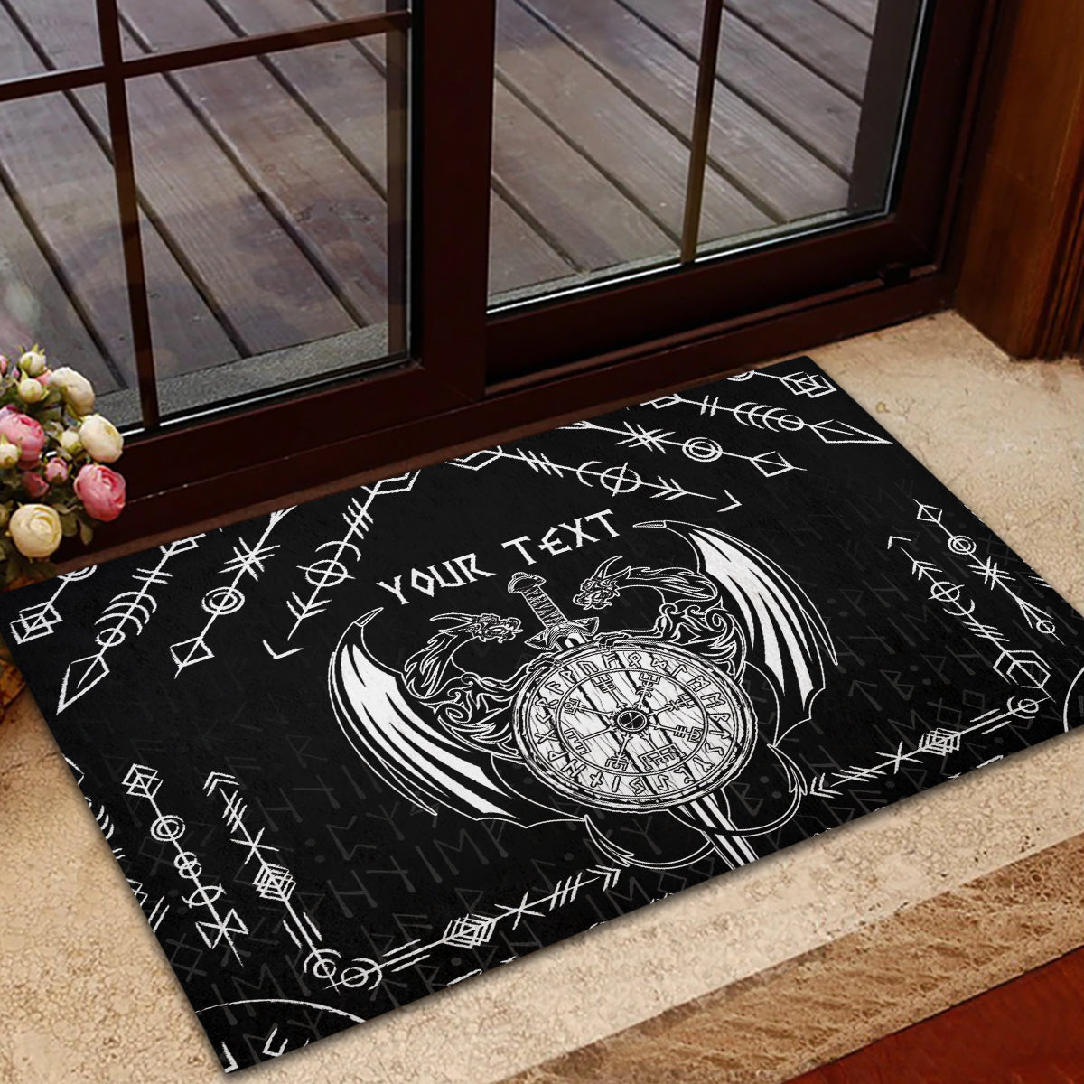 Personalized Viking Dragon Rubber Doormat with Sword Black Scandinavian Tattoo - Wonder Print Shop