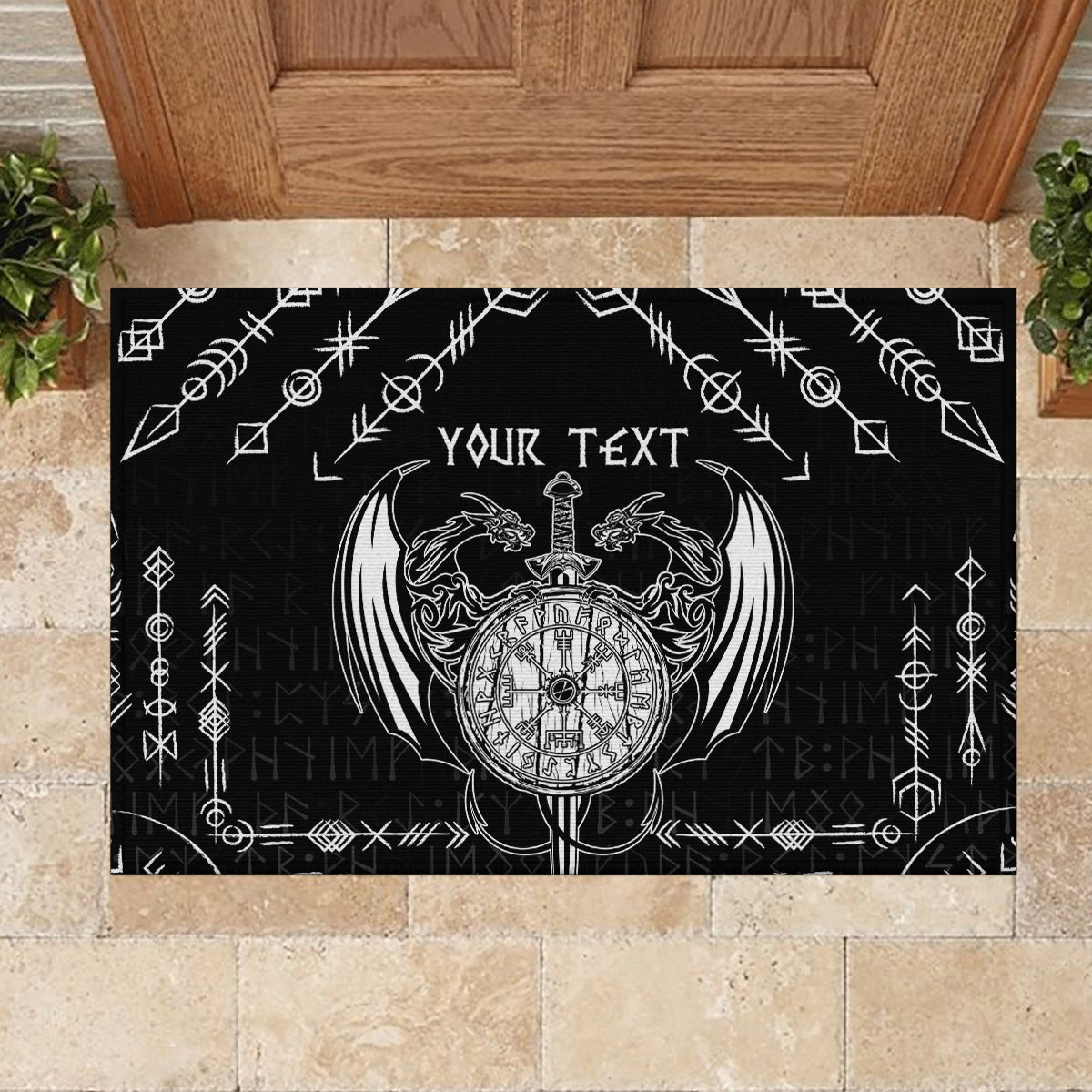Personalized Viking Dragon Rubber Doormat with Sword Black Scandinavian Tattoo - Wonder Print Shop