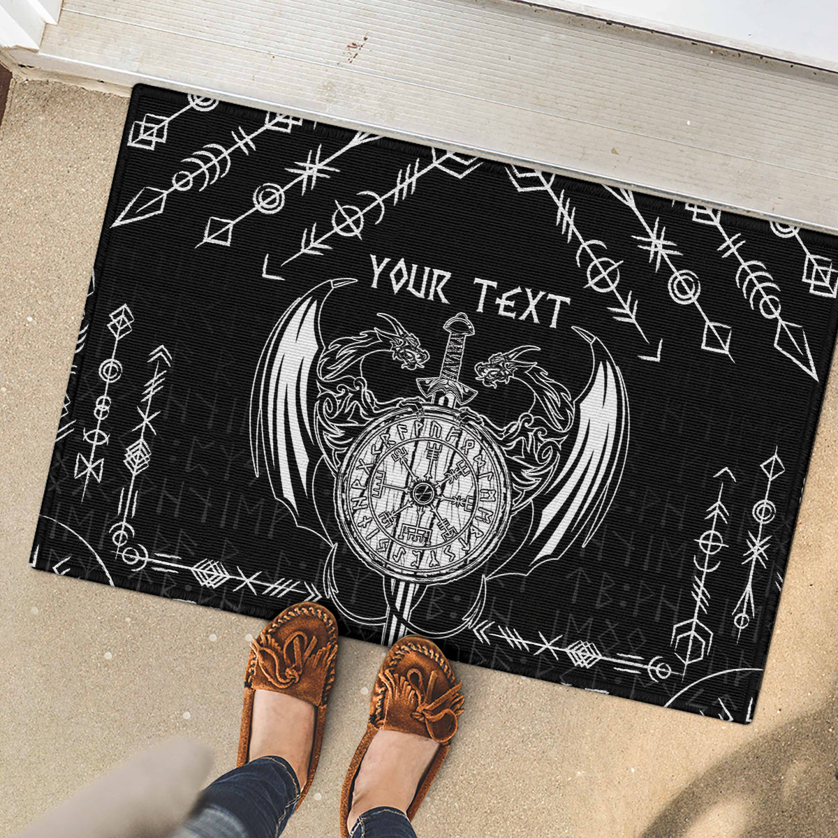 Personalized Viking Dragon Rubber Doormat with Sword Black Scandinavian Tattoo - Wonder Print Shop