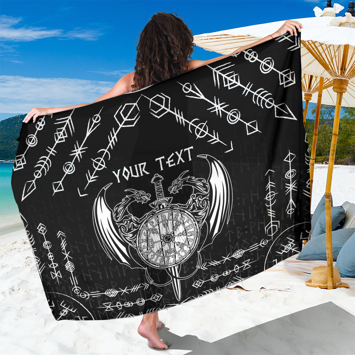 Personalized Viking Dragon Sarong with Sword Black Scandinavian Tattoo