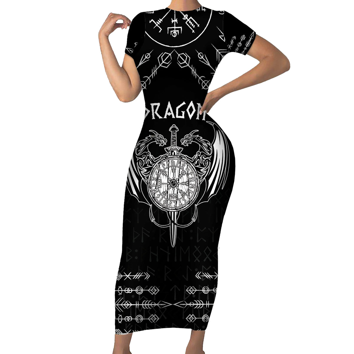 Personalized Viking Dragon Short Sleeve Bodycon Dress with Sword Black Scandinavian Tattoo - Wonder Print Shop