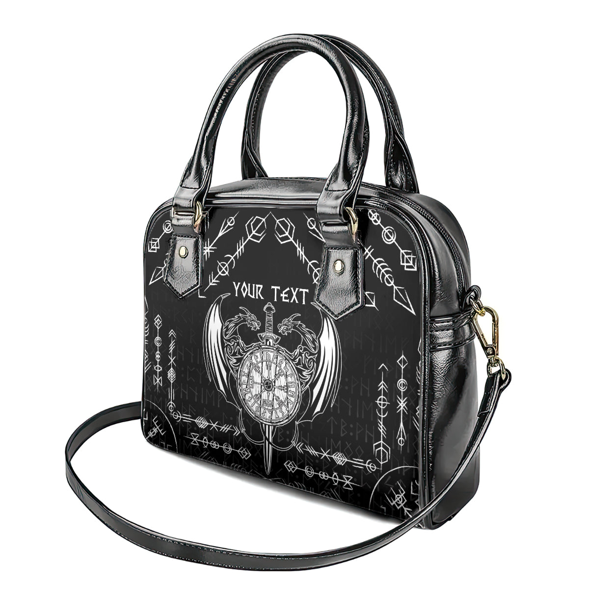 Personalized Viking Dragon Shoulder Handbag with Sword Black Scandinavian Tattoo