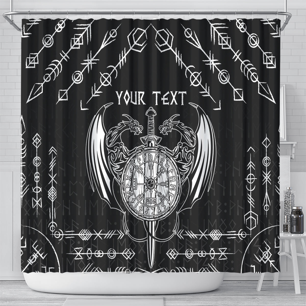 Personalized Viking Dragon Shower Curtain with Sword Black Scandinavian Tattoo