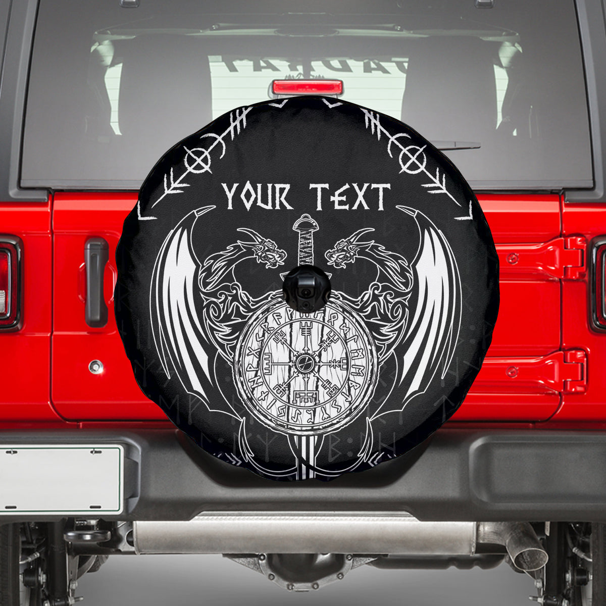 Personalized Viking Dragon Spare Tire Cover with Sword Black Scandinavian Tattoo - Wonder Print Shop