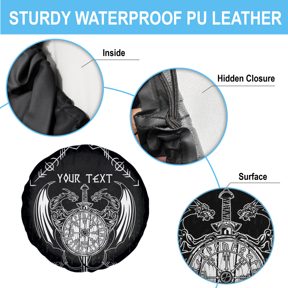 Personalized Viking Dragon Spare Tire Cover with Sword Black Scandinavian Tattoo - Wonder Print Shop