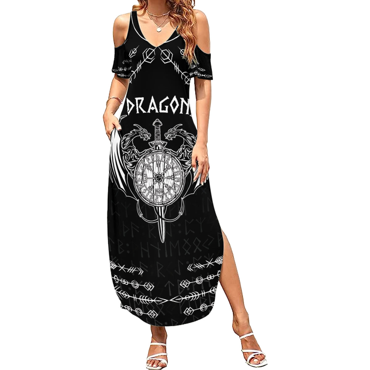Personalized Viking Dragon Summer Maxi Dress with Sword Black Scandinavian Tattoo - Wonder Print Shop