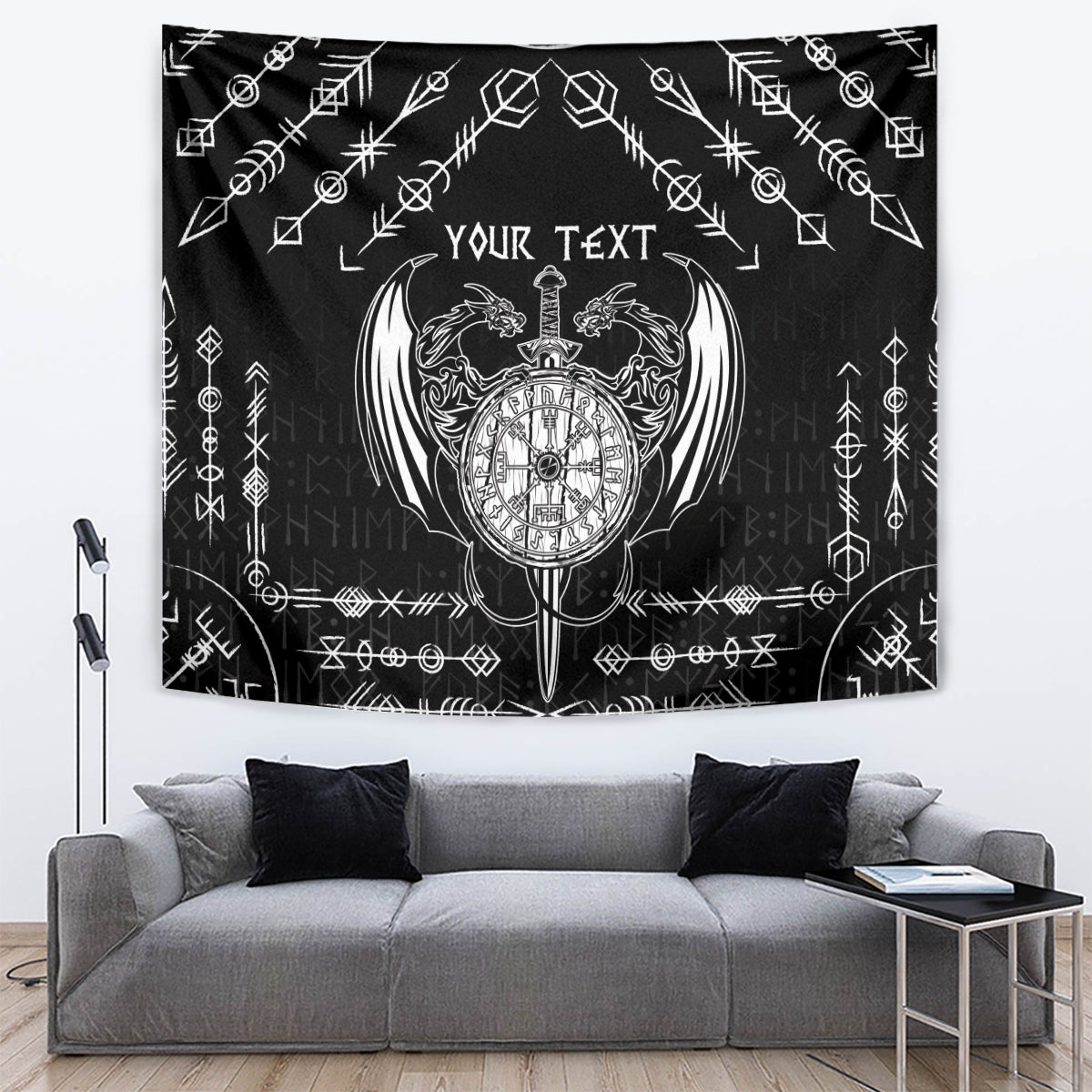 Personalized Viking Dragon Tapestry with Sword Black Scandinavian Tattoo - Wonder Print Shop