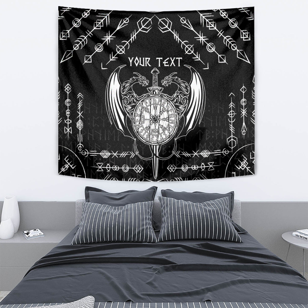 Personalized Viking Dragon Tapestry with Sword Black Scandinavian Tattoo - Wonder Print Shop