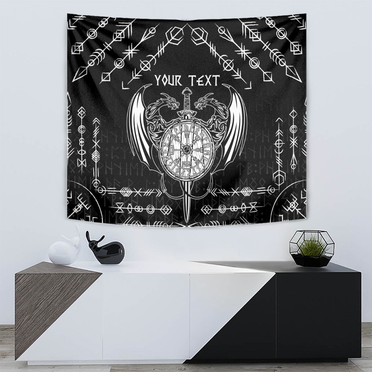 Personalized Viking Dragon Tapestry with Sword Black Scandinavian Tattoo - Wonder Print Shop
