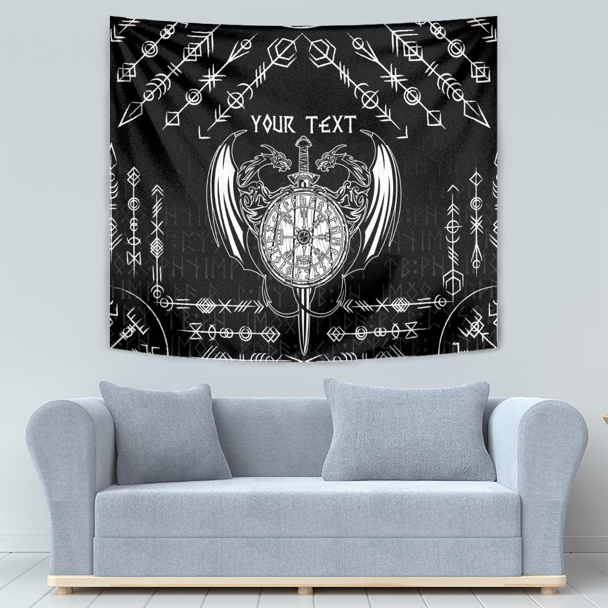 Personalized Viking Dragon Tapestry with Sword Black Scandinavian Tattoo - Wonder Print Shop