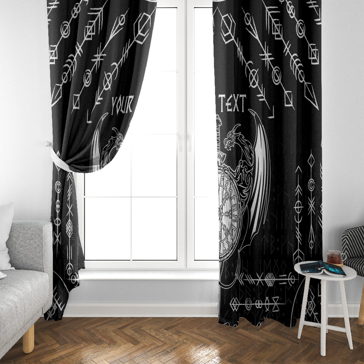 Personalized Viking Dragon Window Curtain with Sword Black Scandinavian Tattoo - Wonder Print Shop