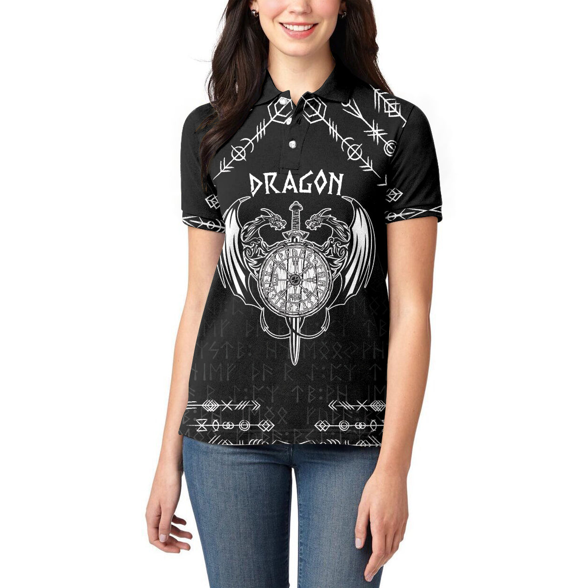 Personalized Viking Dragon Women Polo Shirt with Sword Black Scandinavian Tattoo - Wonder Print Shop