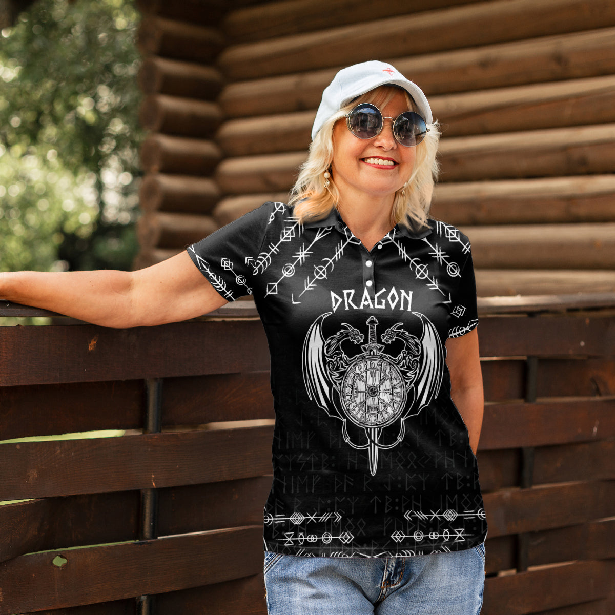 Personalized Viking Dragon Women Polo Shirt with Sword Black Scandinavian Tattoo - Wonder Print Shop
