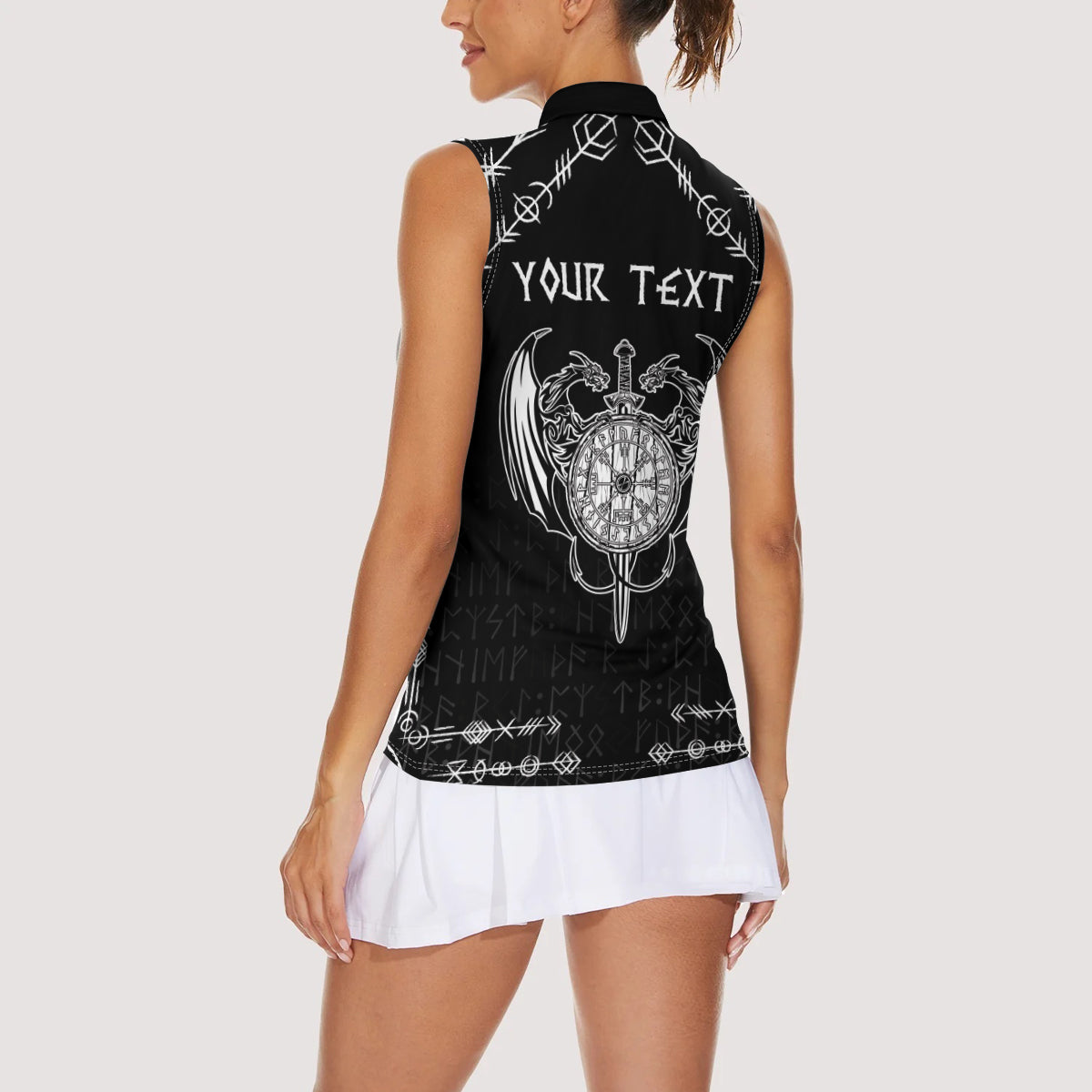 Personalized Viking Dragon Women Sleeveless Polo Shirt with Sword Black Scandinavian Tattoo - Wonder Print Shop