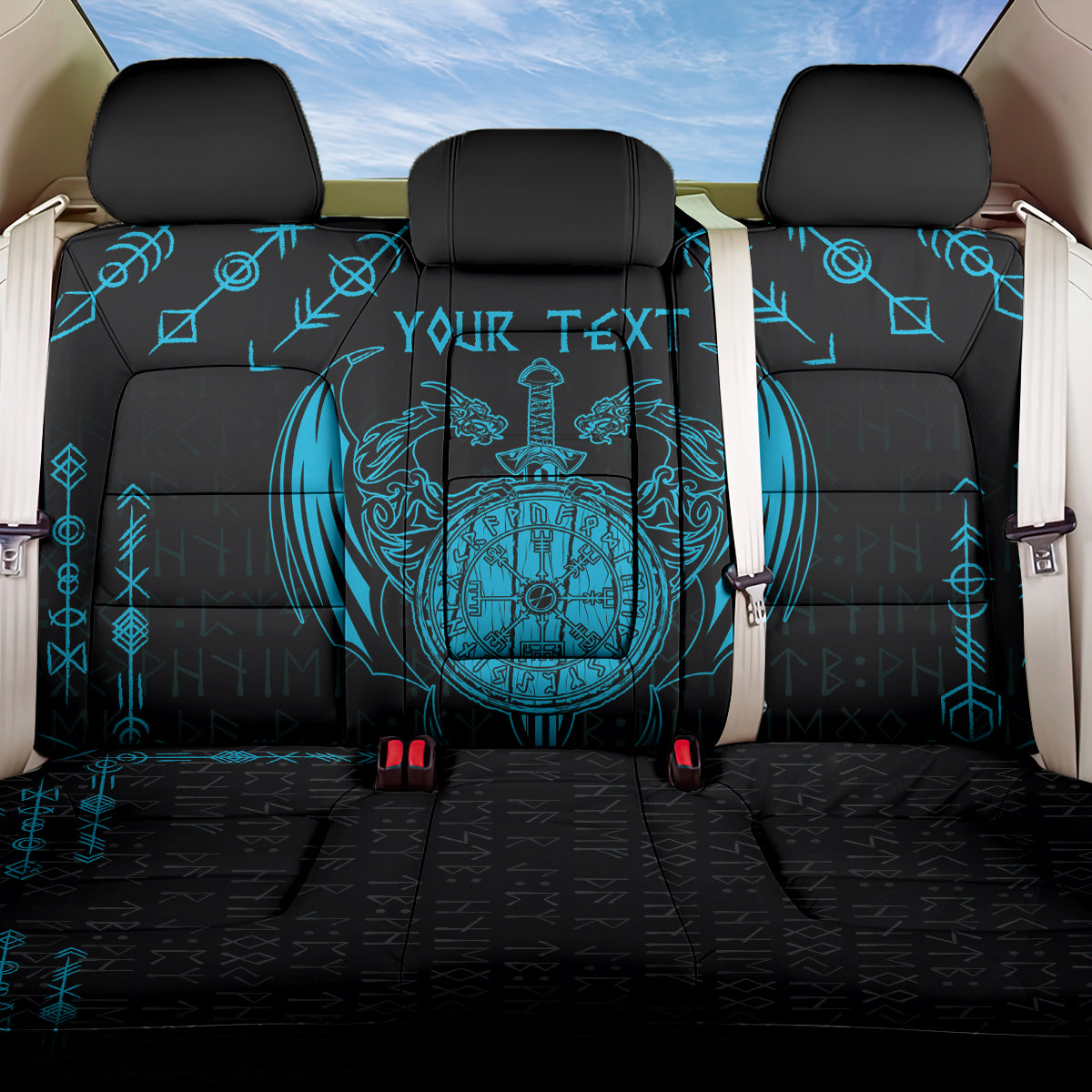 Personalized Viking Dragon Back Car Seat Cover with Sword Blue Scandinavian Tattoo