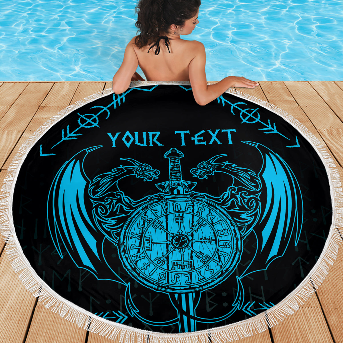 Personalized Viking Dragon Beach Blanket with Sword Blue Scandinavian Tattoo LT9 - Wonder Print Shop