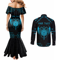 Personalized Viking Dragon Couples Matching Mermaid Dress and Long Sleeve Button Shirt with Sword Blue Scandinavian Tattoo