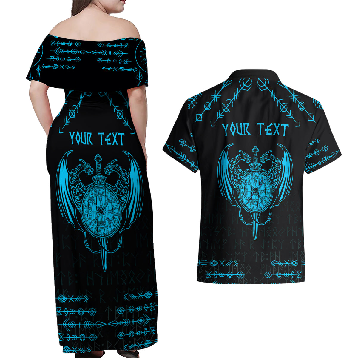 Personalized Viking Dragon Couples Matching Off Shoulder Maxi Dress and Hawaiian Shirt with Sword Blue Scandinavian Tattoo LT9 - Wonder Print Shop