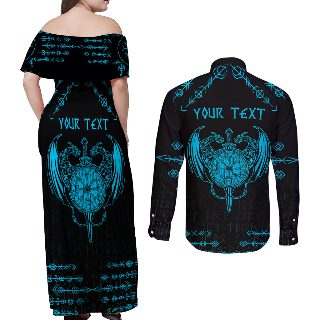 Personalized Viking Dragon Couples Matching Off Shoulder Maxi Dress and Long Sleeve Button Shirt with Sword Blue Scandinavian Tattoo LT9 - Wonder Print Shop