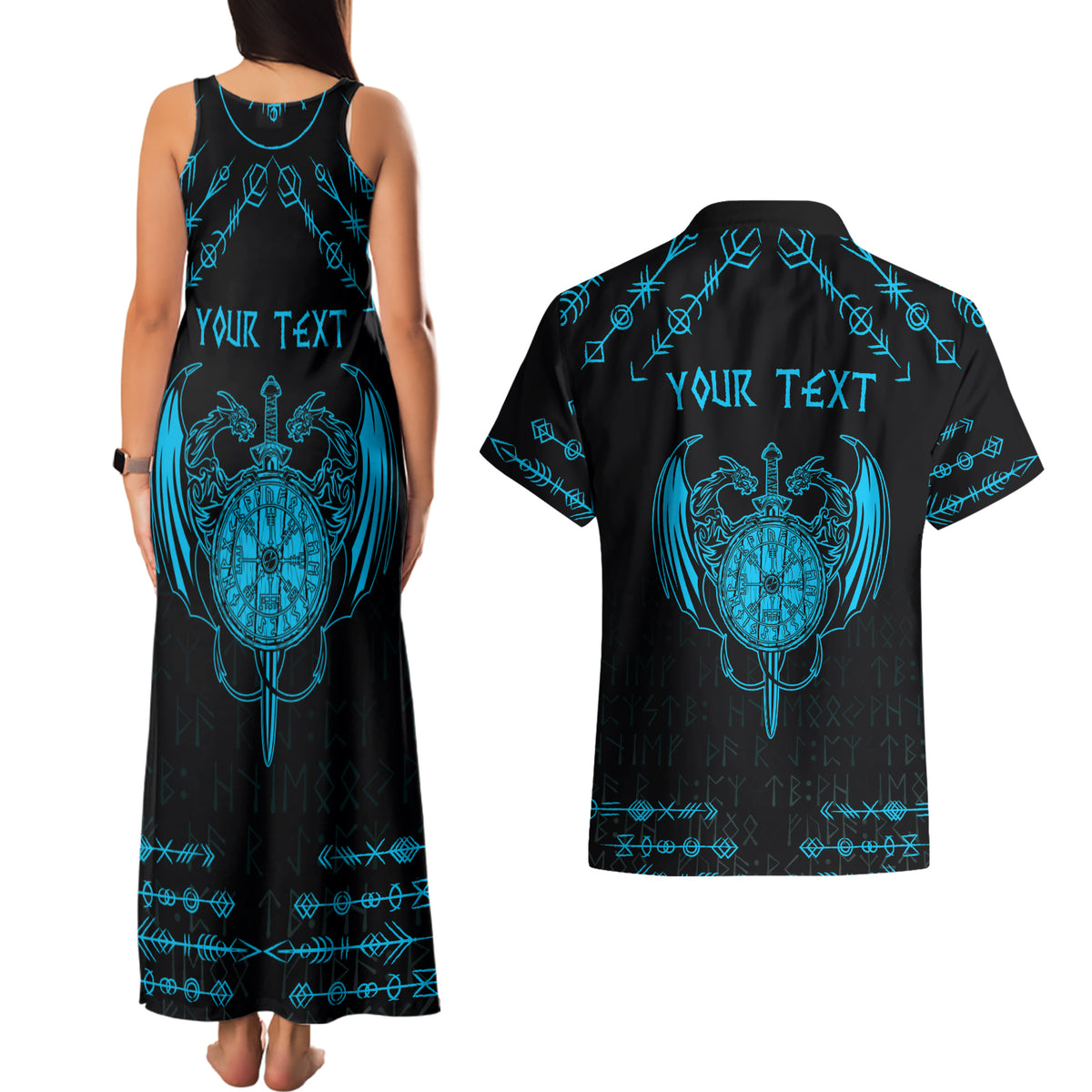 Personalized Viking Dragon Couples Matching Tank Maxi Dress and Hawaiian Shirt with Sword Blue Scandinavian Tattoo LT9 - Wonder Print Shop