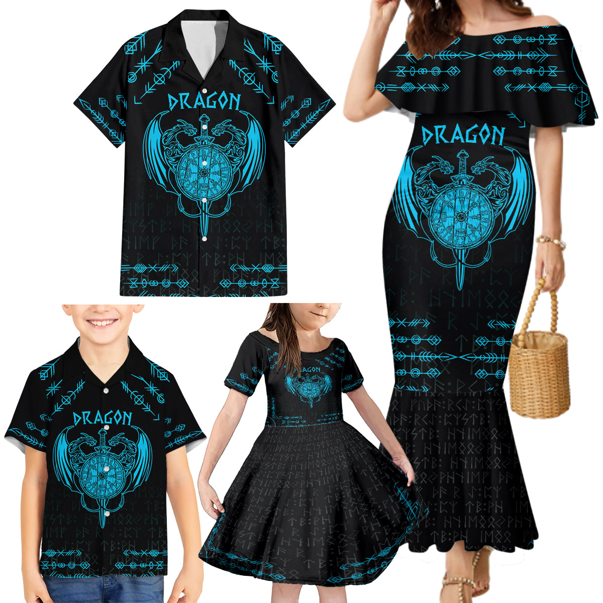 Personalized Viking Dragon Family Matching Mermaid Dress and Hawaiian Shirt with Sword Blue Scandinavian Tattoo LT9 - Wonder Print Shop