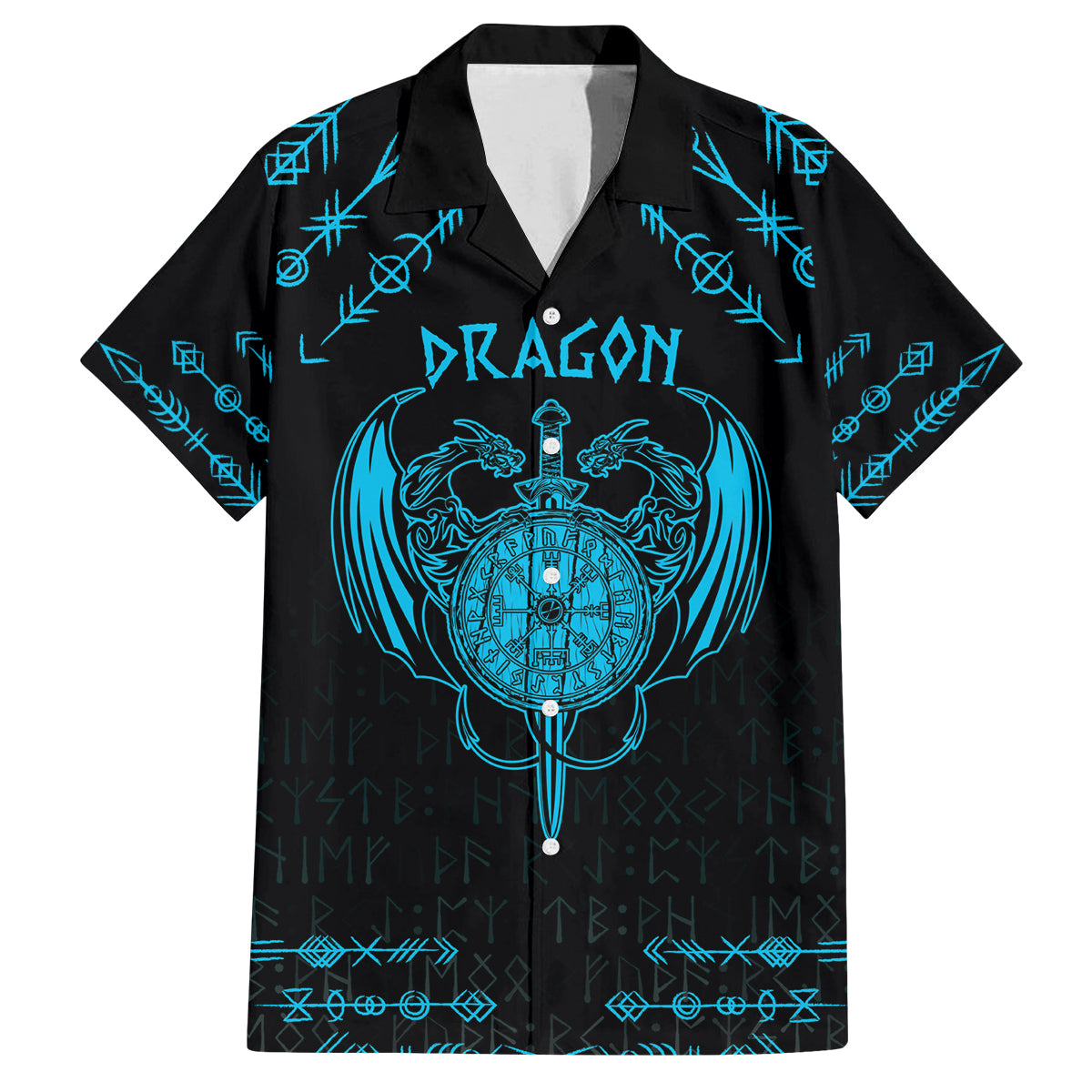 Personalized Viking Dragon Family Matching Off The Shoulder Long Sleeve Dress and Hawaiian Shirt with Sword Blue Scandinavian Tattoo - Wonder Print Shop
