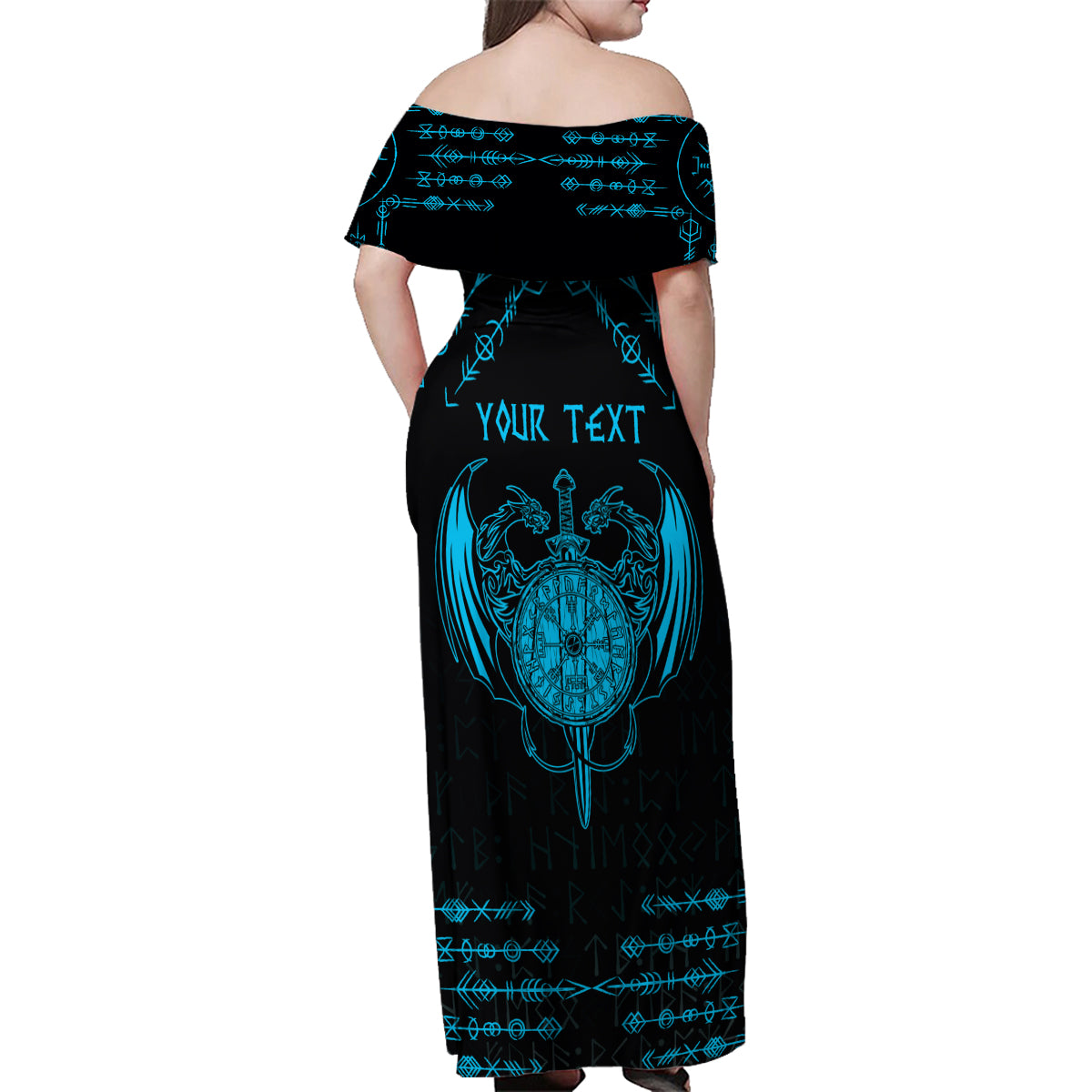 Personalized Viking Dragon Family Matching Off Shoulder Maxi Dress and Hawaiian Shirt with Sword Blue Scandinavian Tattoo LT9 - Wonder Print Shop
