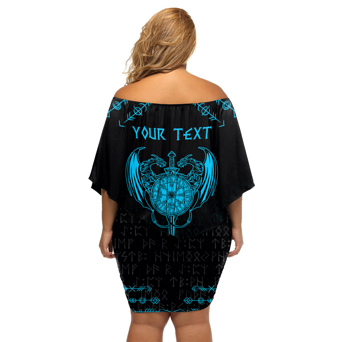 Personalized Viking Dragon Family Matching Off Shoulder Short Dress and Hawaiian Shirt with Sword Blue Scandinavian Tattoo LT9 - Wonder Print Shop