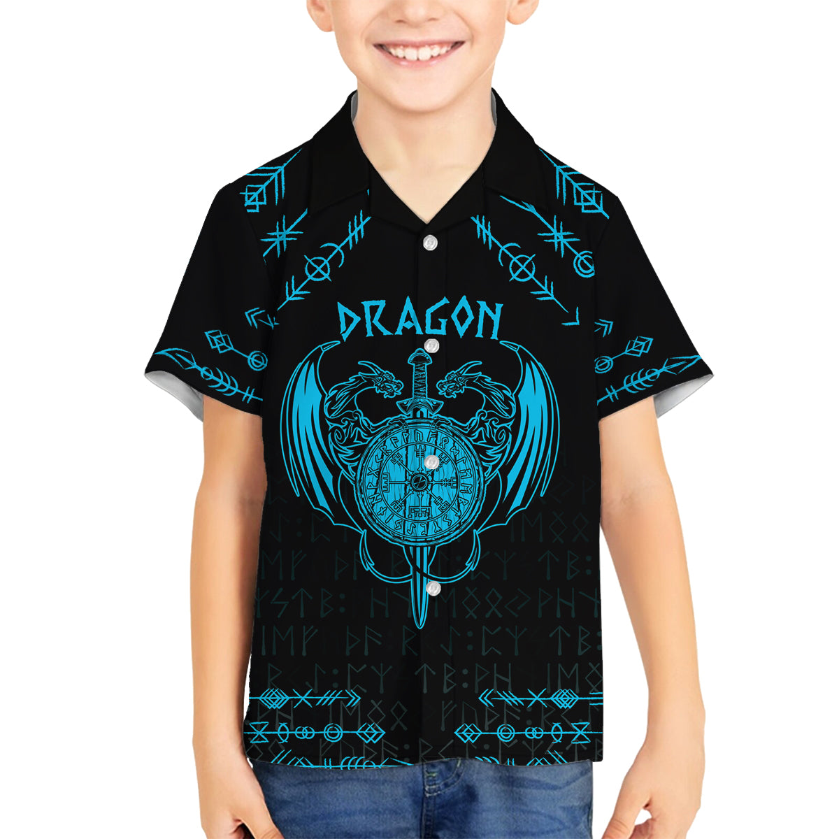 Personalized Viking Dragon Family Matching Puletasi and Hawaiian Shirt with Sword Blue Scandinavian Tattoo - Wonder Print Shop