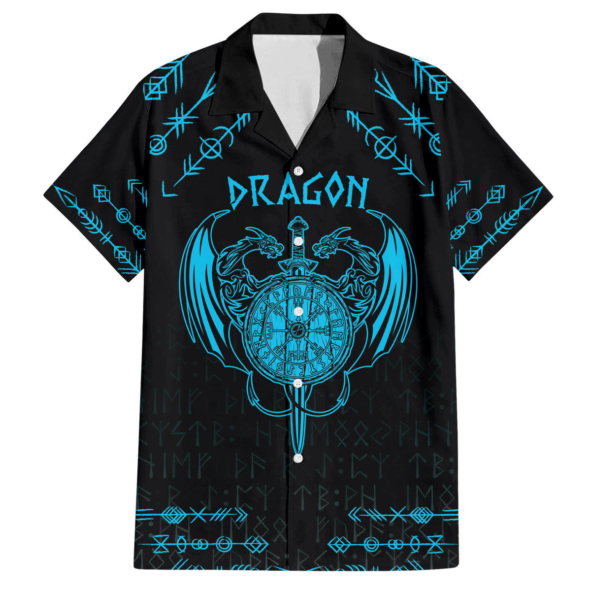 Personalized Viking Dragon Family Matching Short Sleeve Bodycon Dress and Hawaiian Shirt with Sword Blue Scandinavian Tattoo - Wonder Print Shop
