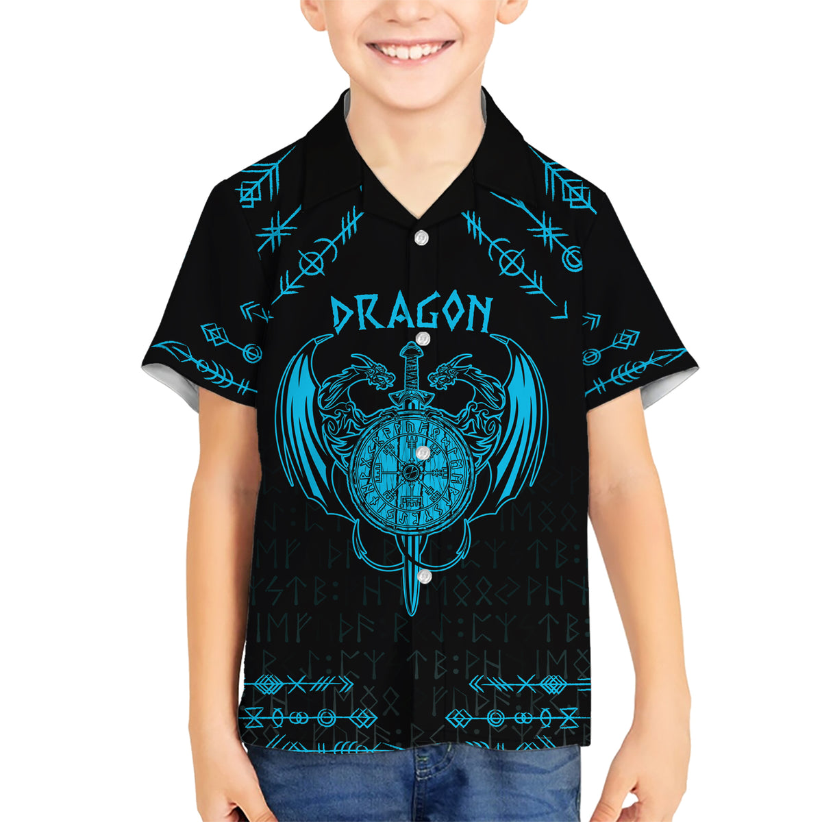 Personalized Viking Dragon Family Matching Short Sleeve Bodycon Dress and Hawaiian Shirt with Sword Blue Scandinavian Tattoo - Wonder Print Shop