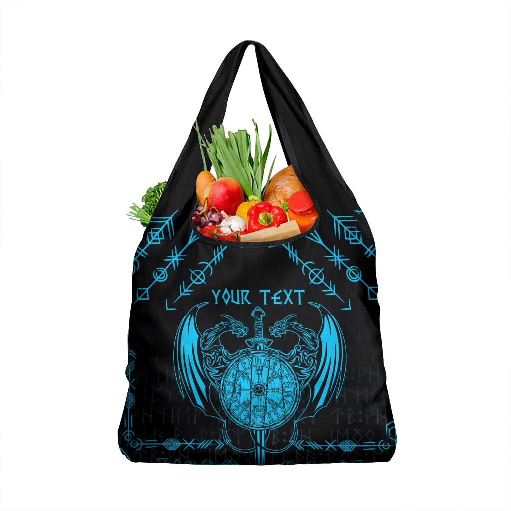 Personalized Viking Dragon Grocery Bag with Sword Blue Scandinavian Tattoo