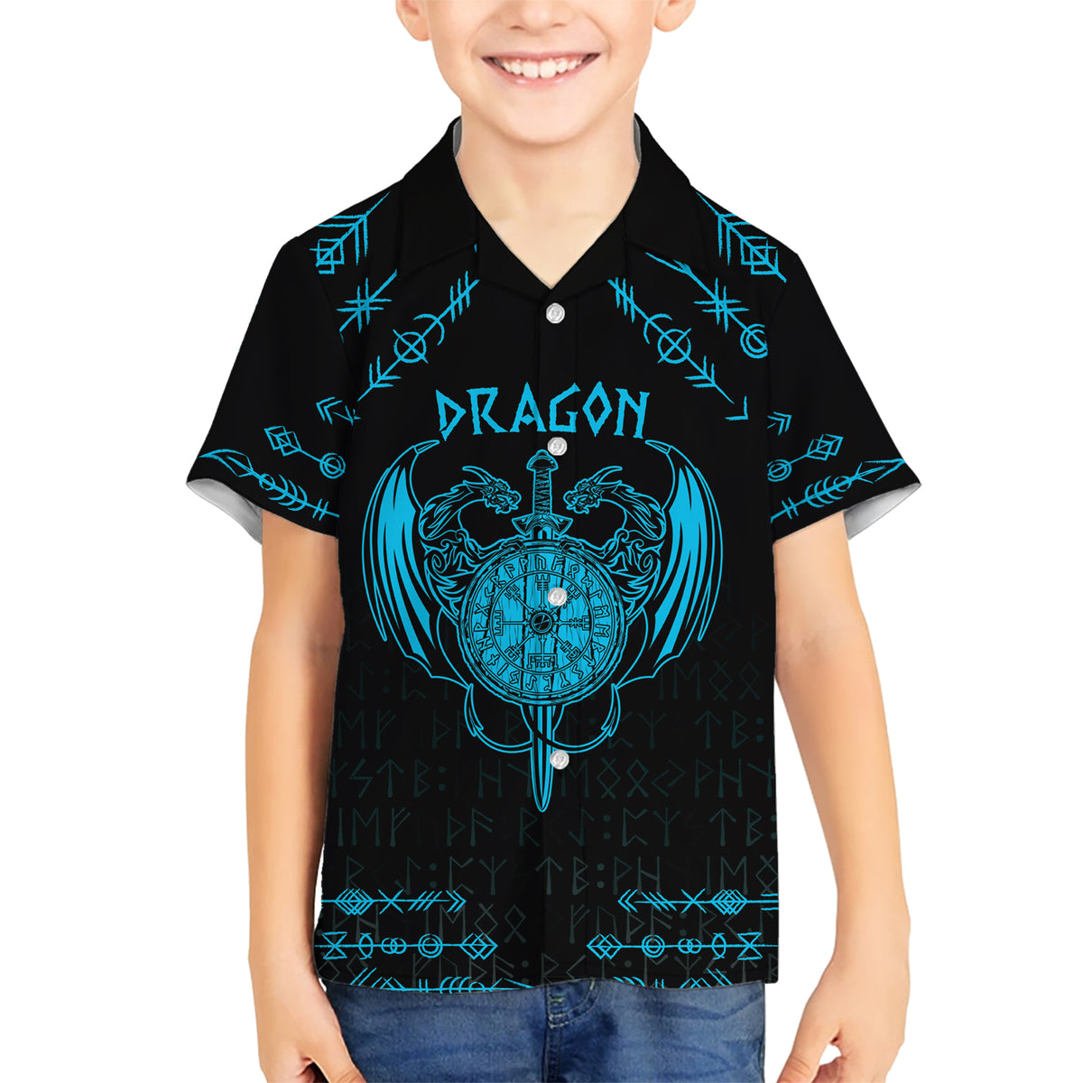 Personalized Viking Dragon Hawaiian Shirt with Sword Blue Scandinavian Tattoo - Wonder Print Shop