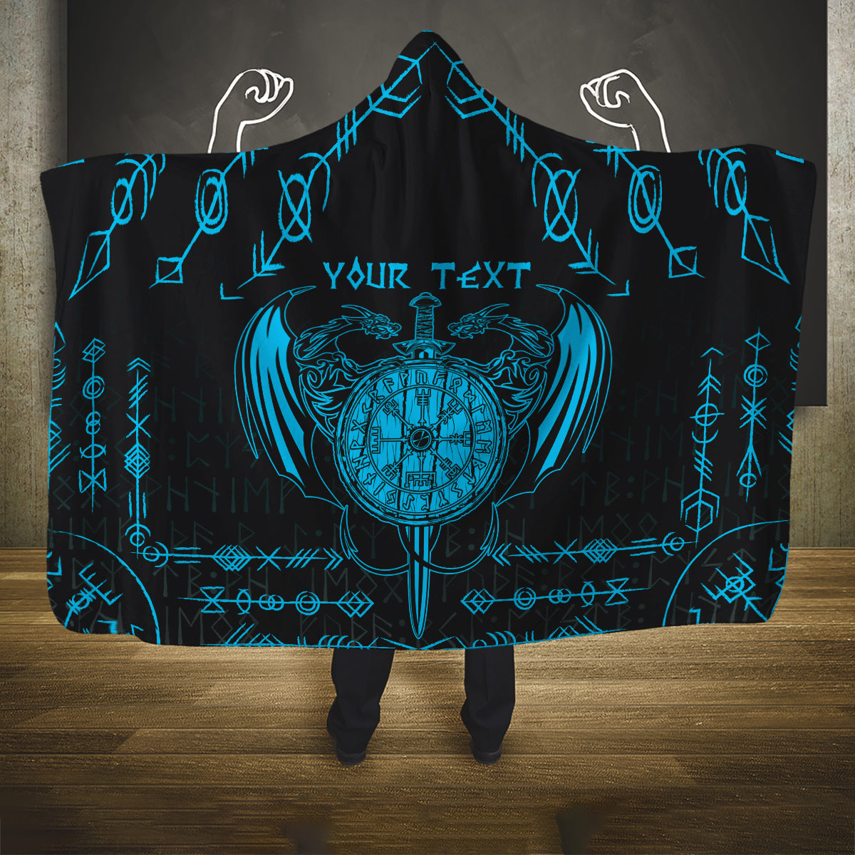Personalized Viking Dragon Hooded Blanket with Sword Blue Scandinavian Tattoo