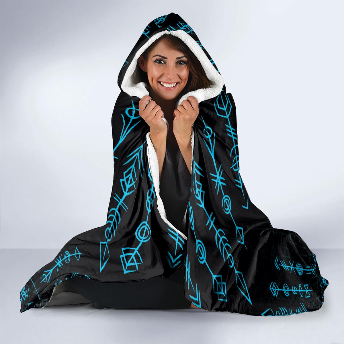 Personalized Viking Dragon Hooded Blanket with Sword Blue Scandinavian Tattoo