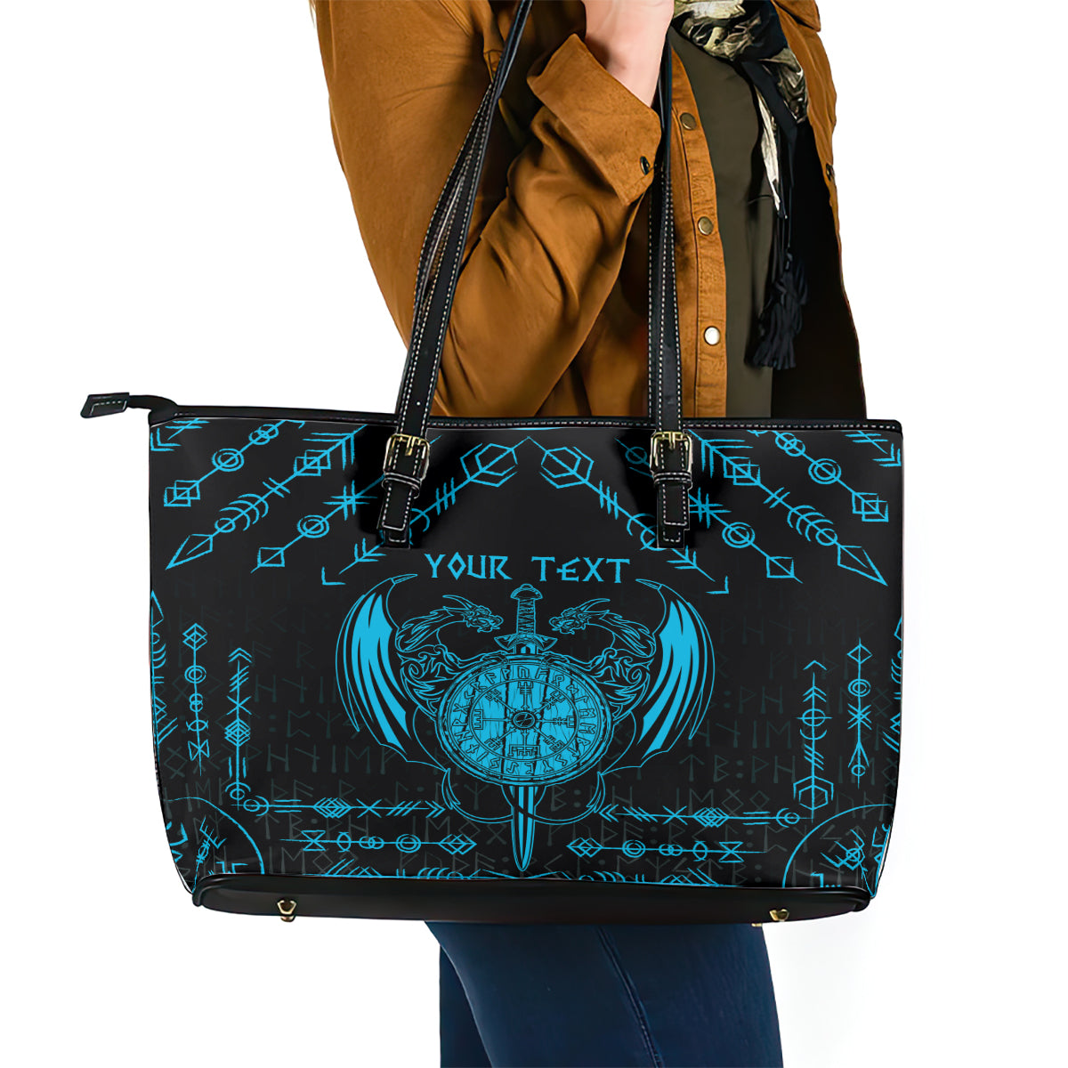 Personalized Viking Dragon Leather Tote Bag with Sword Blue Scandinavian Tattoo - Wonder Print Shop