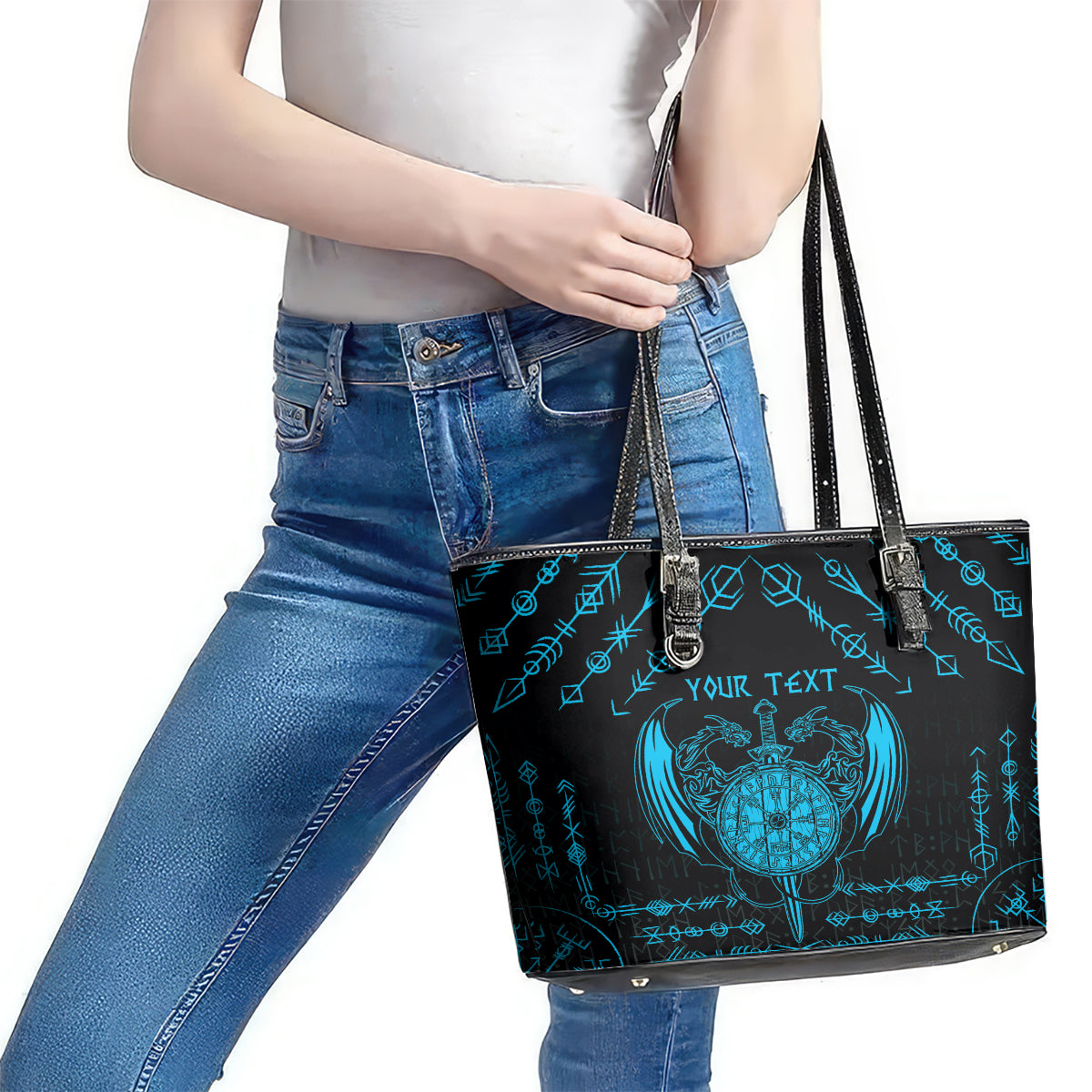 Personalized Viking Dragon Leather Tote Bag with Sword Blue Scandinavian Tattoo - Wonder Print Shop