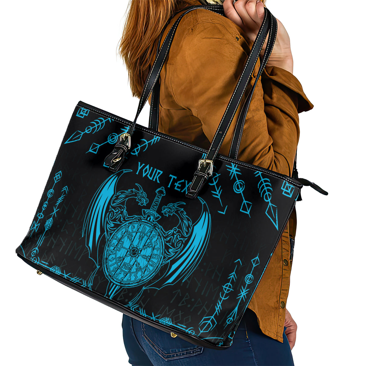 Personalized Viking Dragon Leather Tote Bag with Sword Blue Scandinavian Tattoo - Wonder Print Shop