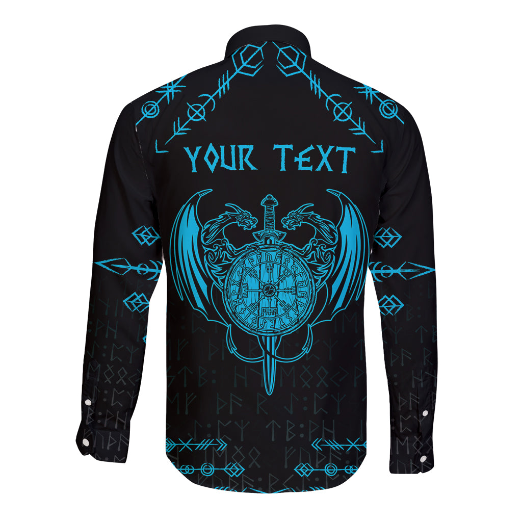 Personalized Viking Dragon Long Sleeve Button Shirt with Sword Blue Scandinavian Tattoo - Wonder Print Shop